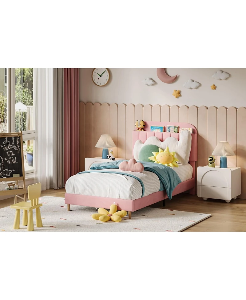 gaomon Full Bed Frame Storage Headboard Velvet Upholstered Platform Bed Kids Wood Slats Noise Free