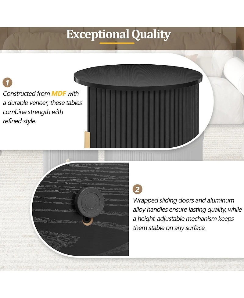 Rainsken Mid-Century Coffee Table Set, Round Fluted End Table With Storage, Golden Handle and Sliding Tambour Door, Side Table for Living Room