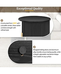 Rainsken Mid-Century Coffee Table Set, Round Fluted End Table With Storage, Golden Handle and Sliding Tambour Door, Side Table for Living Room