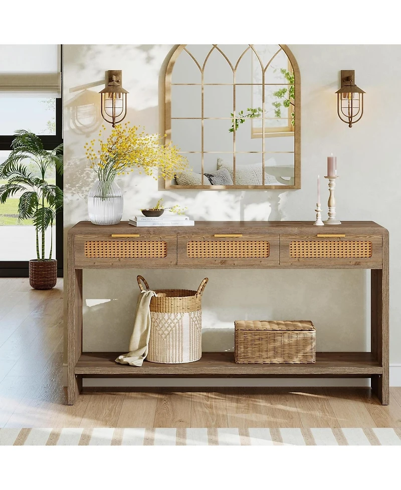 Tribesigns Entryway Table with 3 Rattan Drawers, Narrow Console Sofa Table with 2-Tier Open Storage Shelf