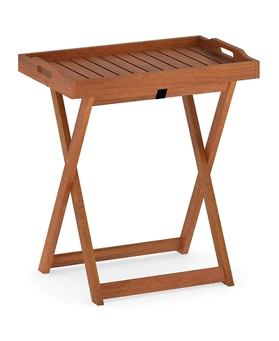 Gymax Patio Solid Wood Tray Table w/ Removable Top Rectangular Tv Tray Bistro Table