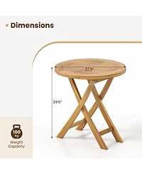 Gymax Patio Teak Wood Dining Table 27.5'' Round Side Table w/ Slatted Tabletop