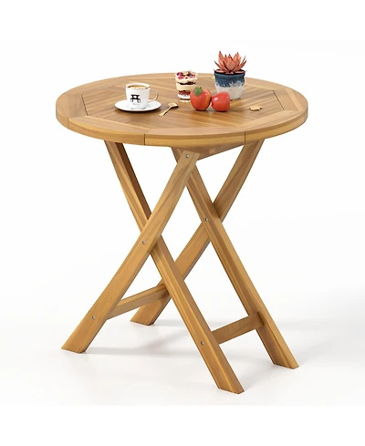 Gymax Patio Teak Wood Dining Table 27.5'' Round Side Table w/ Slatted Tabletop