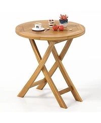 Gymax Patio Teak Wood Dining Table 27.5'' Round Side Table w/ Slatted Tabletop