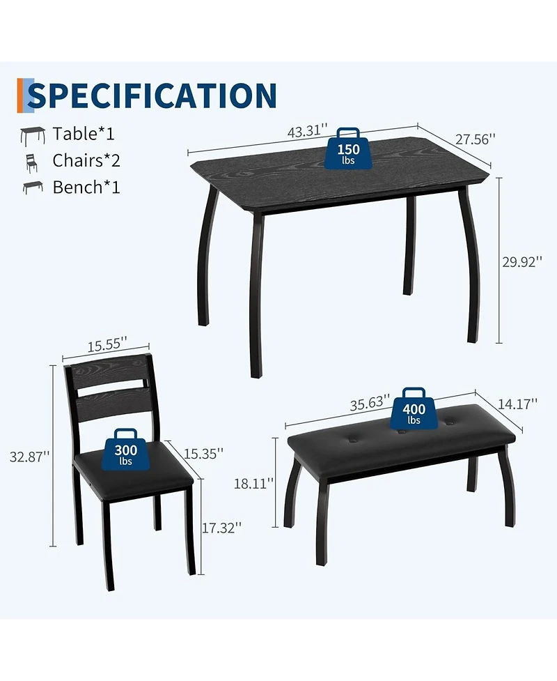 gaomon 4-Piece Wooden Dining Table Set with 2 Cushioned Chairs and Upholstered Bench