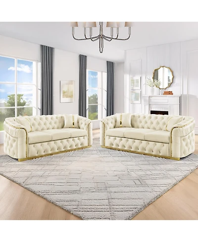 Streamdale Furniture 2PCS 90.6" Velvet Button Tufted Sofa Couch w/ 2 Pillows, 3 Seater Chesterfield Sofa Set