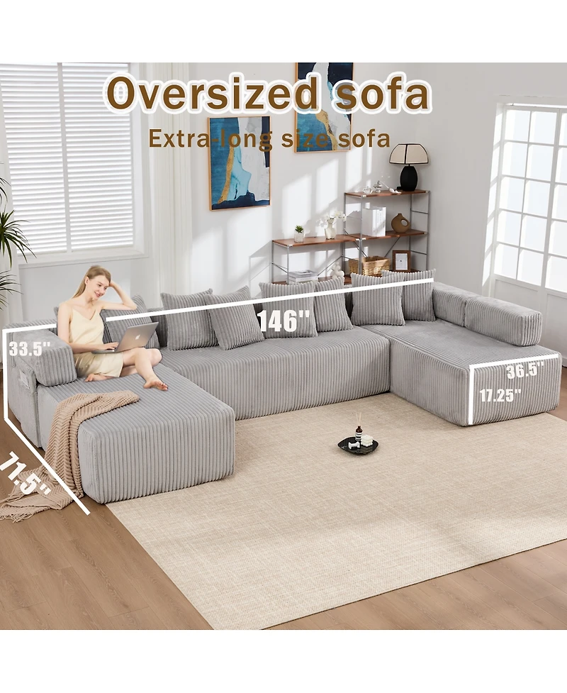 Streamdale Furniture Streamdale 146" U-Shaped Convertible Sleeper Sectional Sofa with 8 Pillows, Corduroy