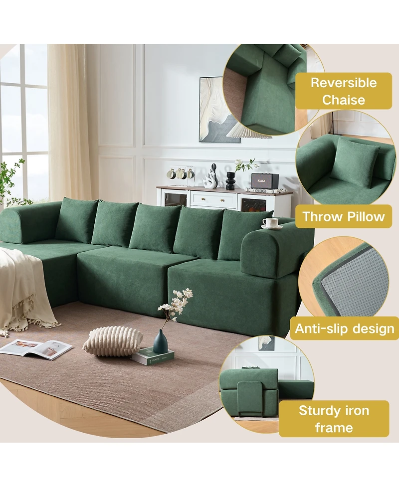 Streamdale Furniture 106" Modular L-Shaped Velvet Cloud Sectional Sofa with Movable Chaise & 5 Pillows