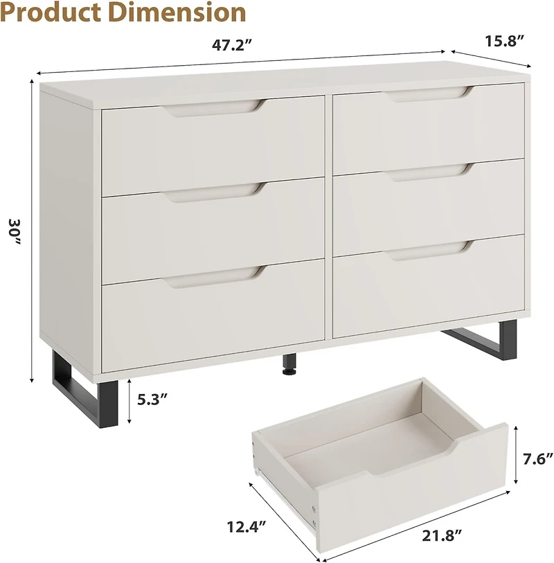 gaomon 6-Drawer Bedroom Dresser, 47.2" Wide Freestanding Wooden Storage Chest for Living Room & Entryway