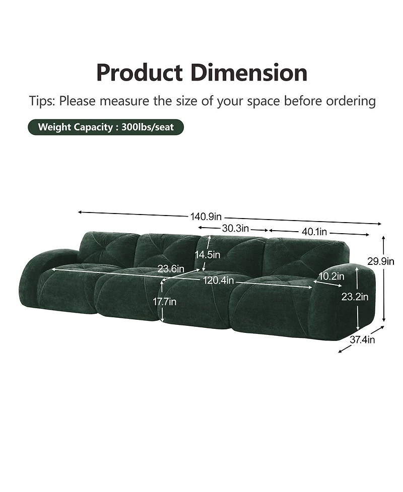 Streamdale Furniture 140" Green Velvet Tufted Boneless Sofa with Ergonomic Design, No Assembly