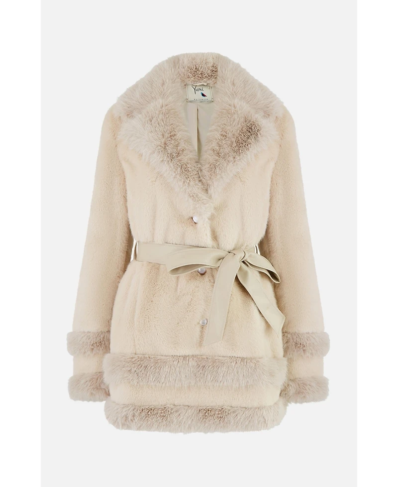 Yumi Women's Luxe Faux Fur Tie Belt Swing Coat