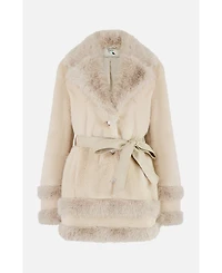 Yumi Women's Luxe Faux Fur Tie Belt Swing Coat