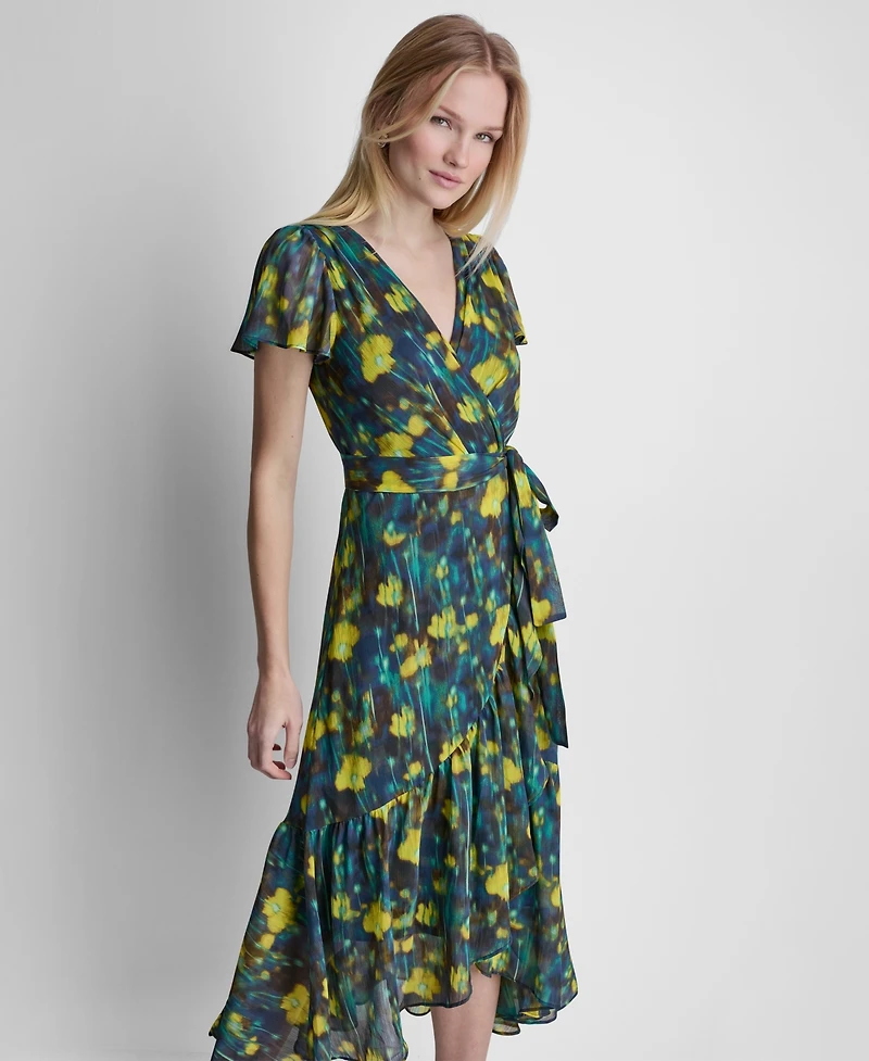 Dkny Women's Flutter-Sleeve Faux Wrap Ruffle Hem Midi Dress