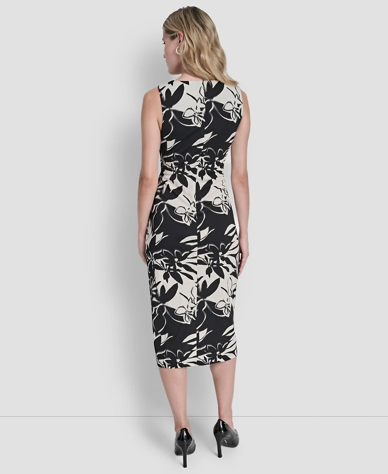 Dkny Women's Sleeveless Jewel Neck Side Knot Floral Midi Dress