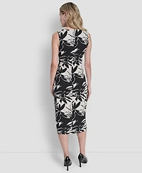 Dkny Women's Sleeveless Jewel Neck Side Knot Floral Midi Dress