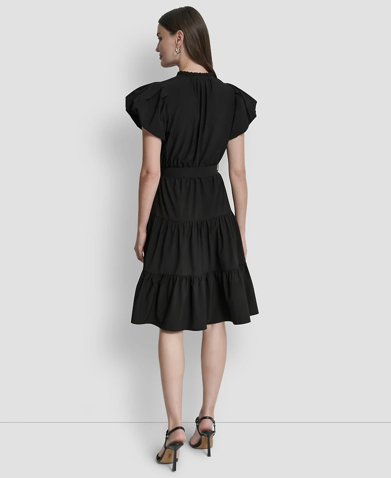Dkny Women's Puff-Sleeve V-Neck Tiered Knee Length Dress