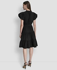 Dkny Women's Puff-Sleeve V-Neck Tiered Knee Length Dress