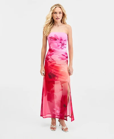 Bar Iii Women's Floral-Print Mesh Strapless Dress, Macy's Exclusive