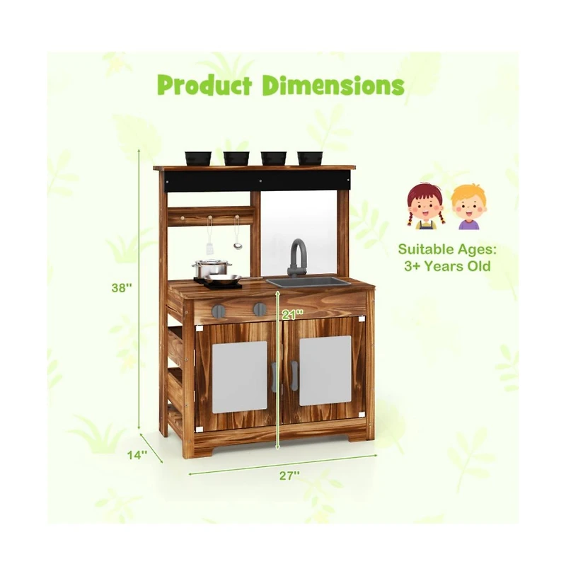 Hongge Mud Kitchen Fir Wood Play Kitchen with 4 Panting Pots Faucet Removable Sink