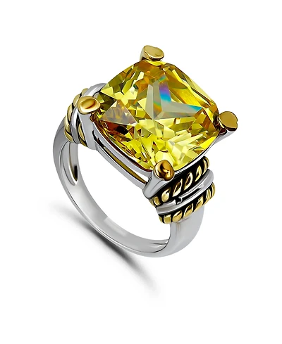 Macy's 19.6 Cttw 14mm Cushion Prong Set Canary Yellow Cubic Zirconia Center Stone with Oxidized Twist/Polish Accents Statement Ring.