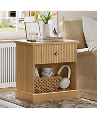 gaomon Fluted Nightstand with Drawer, Mid Century Modern Bedside Table Light Wood Nightstand with Storage