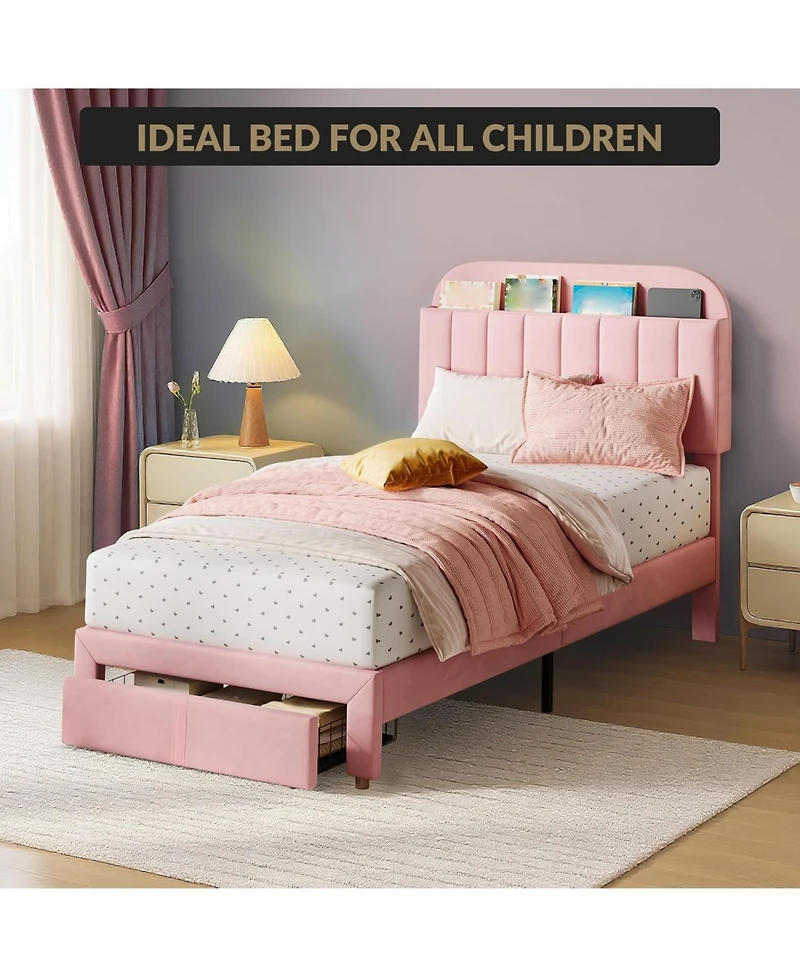 gaomon Twin Bed Frame Velvet Platform Bookcase Headboard Kids Girls Steel Legs Easy Build Noise Free