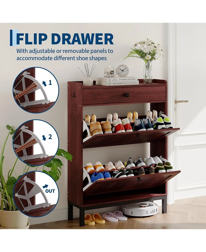 gaomon Shoe Storage Cabinet with 2 Flip Drawer, Shoes Organizer with with Top Drawer,Hollow Out Panel & Square Handles