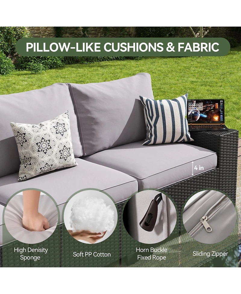 Aoxun 7-Piece Black Wicker Outdoor Sectional Sofa Set with Gray Cushions with 44" Propane Fire Pit Table