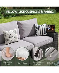 Aoxun 7-Piece Black Wicker Outdoor Sectional Sofa Set with Gray Cushions with 44" Propane Fire Pit Table