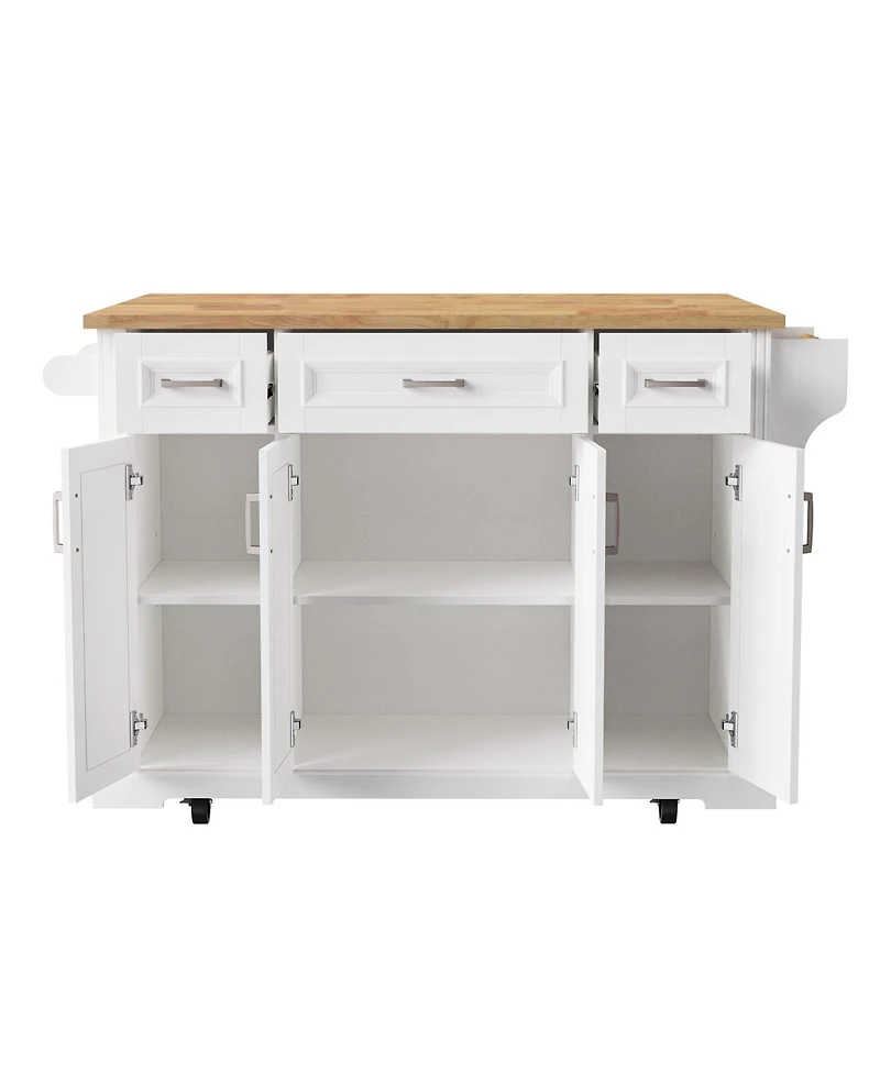 Streamdale Furniture 54" White Kitchen Island with Drop Leaf, 4 Doors, 3 Drawers, on Wheels