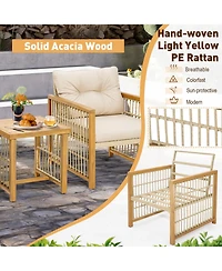 3PCS Patio Pe Wicker Conversation Set Acacia Wood Frame
