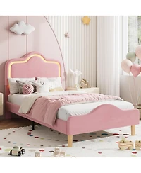 gaomon Twin Princess Platform Bed Frame with Rgb Led Lights Adjustable Velvet Headboard Wood Slat Support No Box Spring