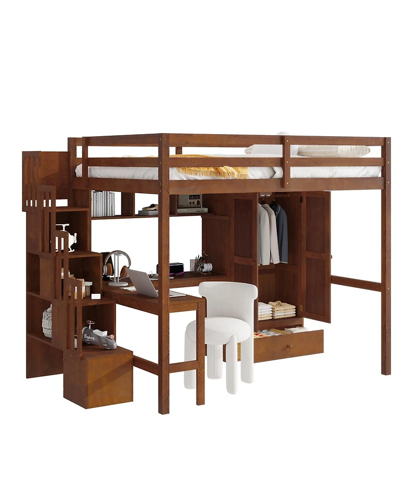 Streamdale Furniture Full Size Walnut Loft Bed with Desk, Shelves, Wardrobe & Stairs