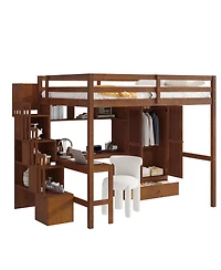 Streamdale Furniture Full Size Walnut Loft Bed with Desk, Shelves, Wardrobe & Stairs