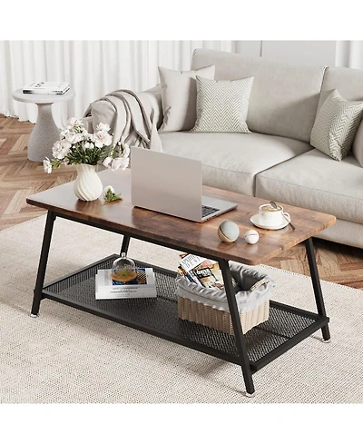 gaomon Industrial Rectangular 2-Tier Wood Coffee Table with Metal Frame and Mesh Shelf.