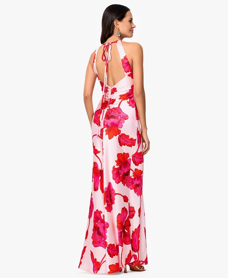 Xscape Women's Sleeveless Halter Neck Printed Long Dress