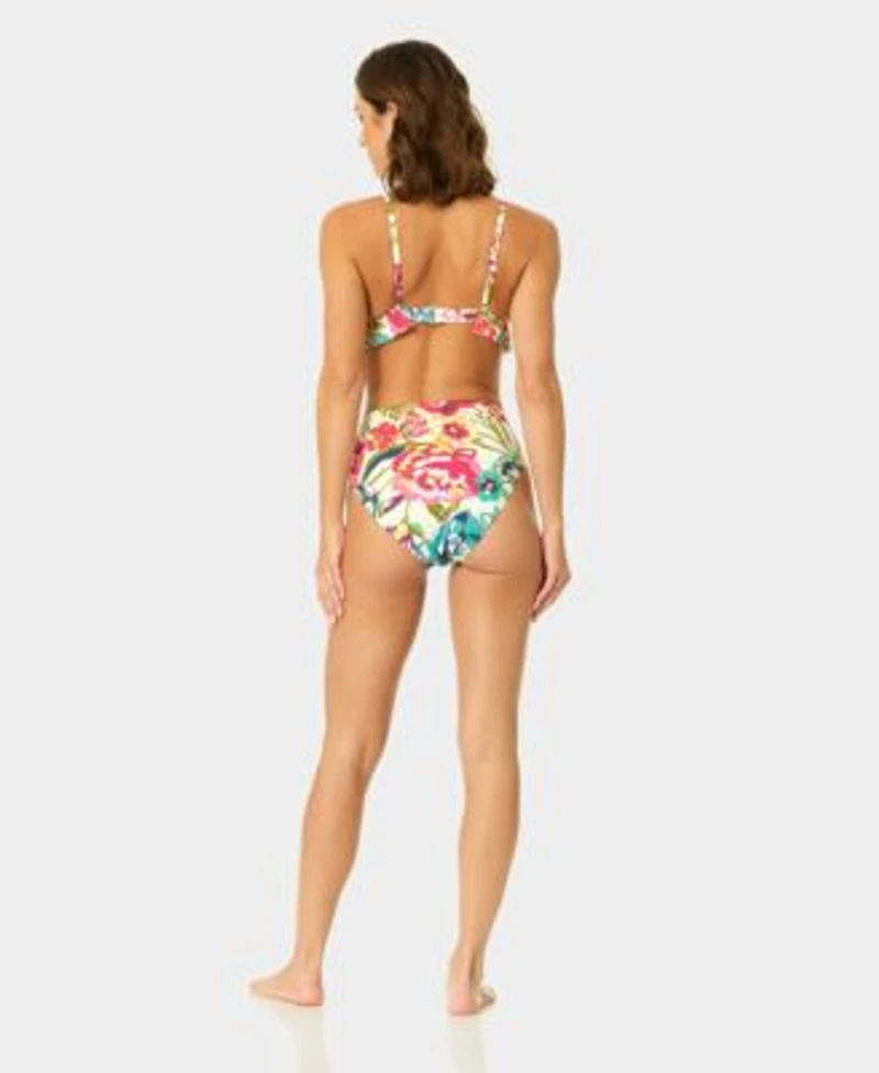 Cece Womens V Neck Triangle Ruffle Top Belted High Rise Swim Bottoms