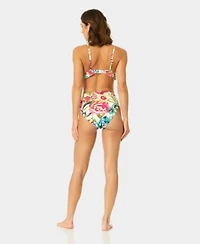 Cece Womens V Neck Triangle Ruffle Top Belted High Rise Swim Bottoms