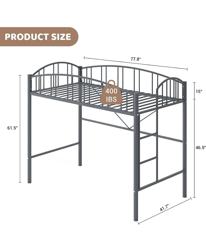 gaomon Space Saving Twin Metal Loft Bed Frame Modern Arched Guardrail Safety Ladder Steel Slats Matte
