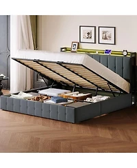 gaomon King Lift Up Storage Bed Frame Velvet Upholstered Hydraulic Platform Storage Headboard Led Charging Wood Slats No Box Spring