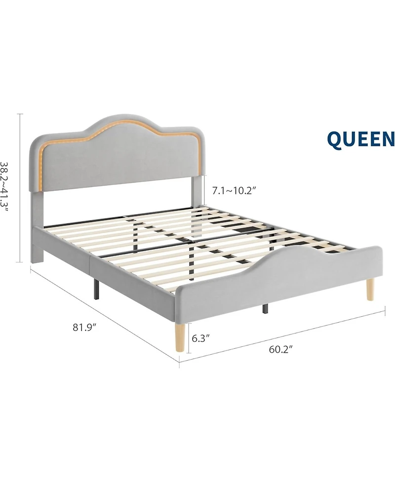 gaomon Queen Princess Platform Bed Frame with Rgb Led Lights Adjustable Velvet Headboard Wood Slat Support No Box Spring