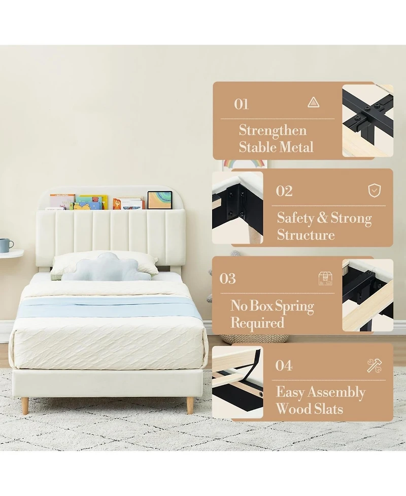 gaomon Twin Bed Frame With Bookcase Headboard Upholstered Platform Kids Bed Wooden Slats No Box Spring