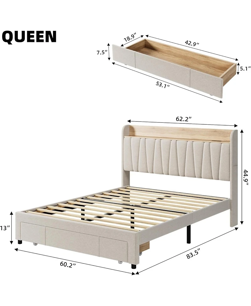 gaomon Queen Bed Frame With Drawer Upholstered Storage Headboard Charging Platform Wood Slats No Box Spring