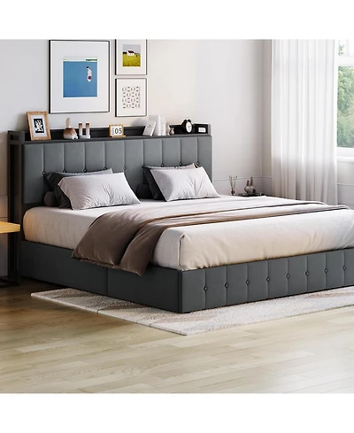 gaomon King Hydraulic Lift Up Storage Upholstered Bed Frame Button Headboard Heavy Metal Platform Wood Slats Noise