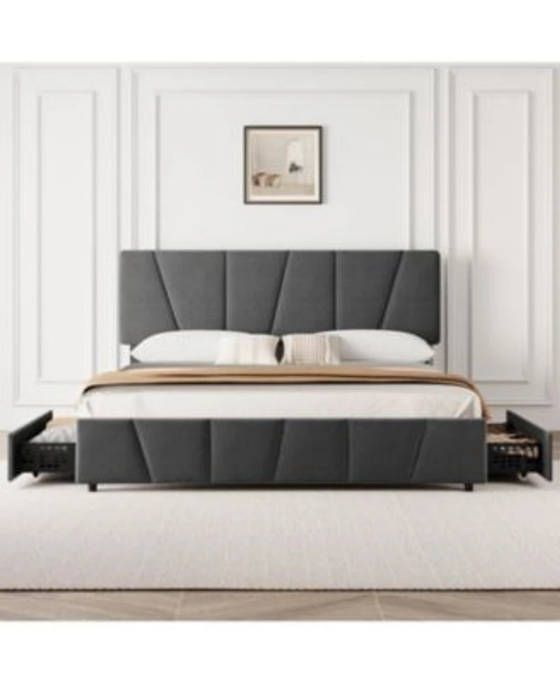 Gaomon Bed Frame With 4 Storage Drawers Headboard Upholstered Platform Bed Frame With Wooden Slats Support No Box Spring Needed Noise Free