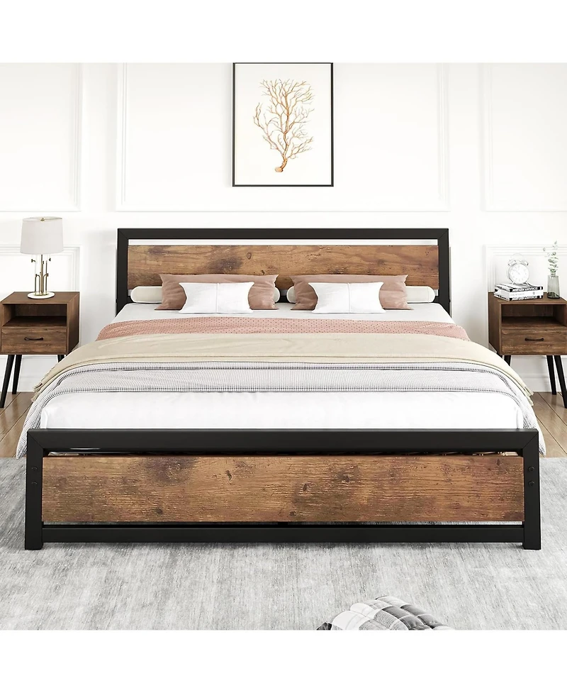 gaomon Bed Frame Industrial Platform With Headboard Easy Assembly Mattress Frame Retro Brown No Box Spring Needed