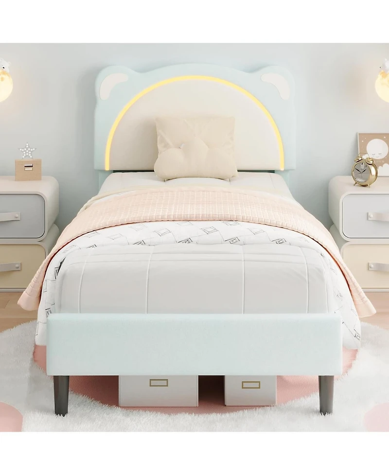 gaomon Bed Frame with Led Lights Adjustable Bear Headboard Velvet Kids Platform Wood Slat Support Noise Free Easy