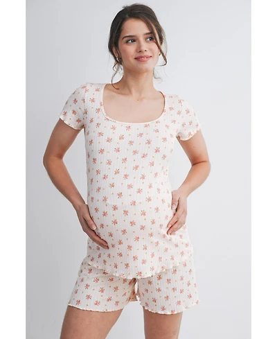 Hello Miz Maternity Ribbed Floral Lounge Set with Shorts and Top