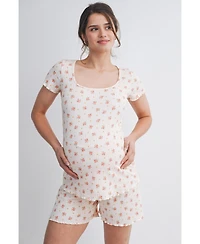 Hello Miz Maternity Ribbed Floral Lounge Set with Shorts and Top