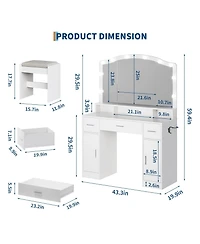 gaomon Makeup Vanity Desk with Led Lighted Mirror, 5 Drawers and Power Strip